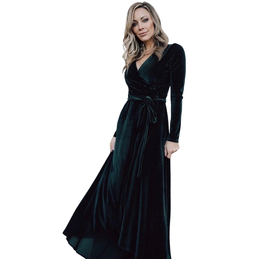 Baltic Born Jada Ribbed Velvet Wrap Maxi Dress Womens Med Green Wedding Guest